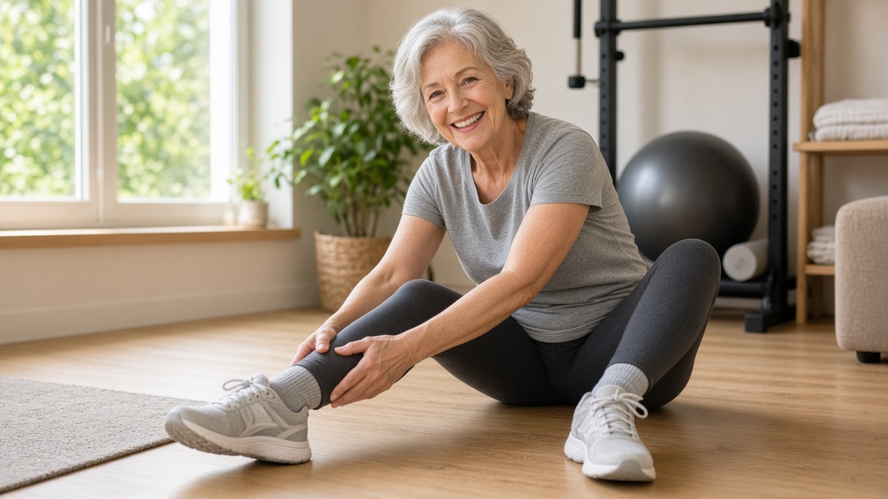 Smiling senior stretching at home in supportive exercise shoes