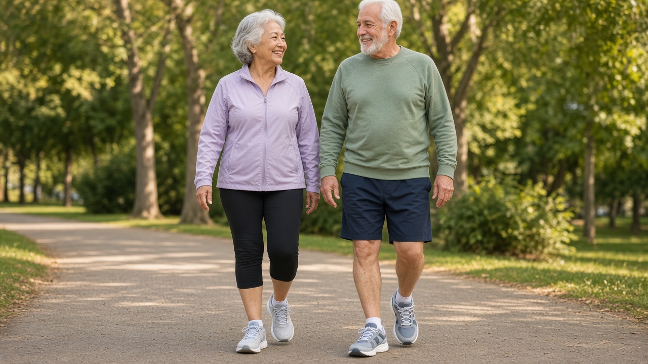 Smiling seniors walking together on a sunny park path in comfortable shoes