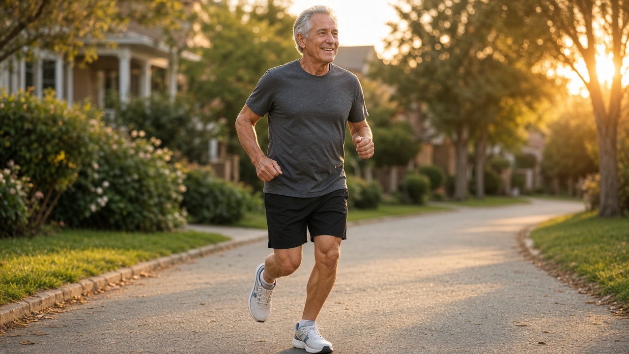 Active senior jogging on a quiet neighborhood street