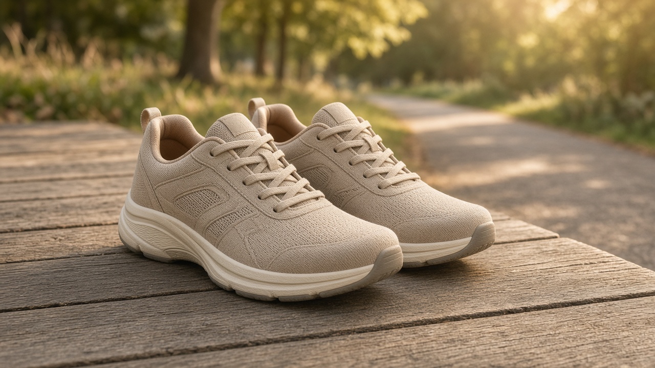 Comfortable supportive walking shoes near a park path